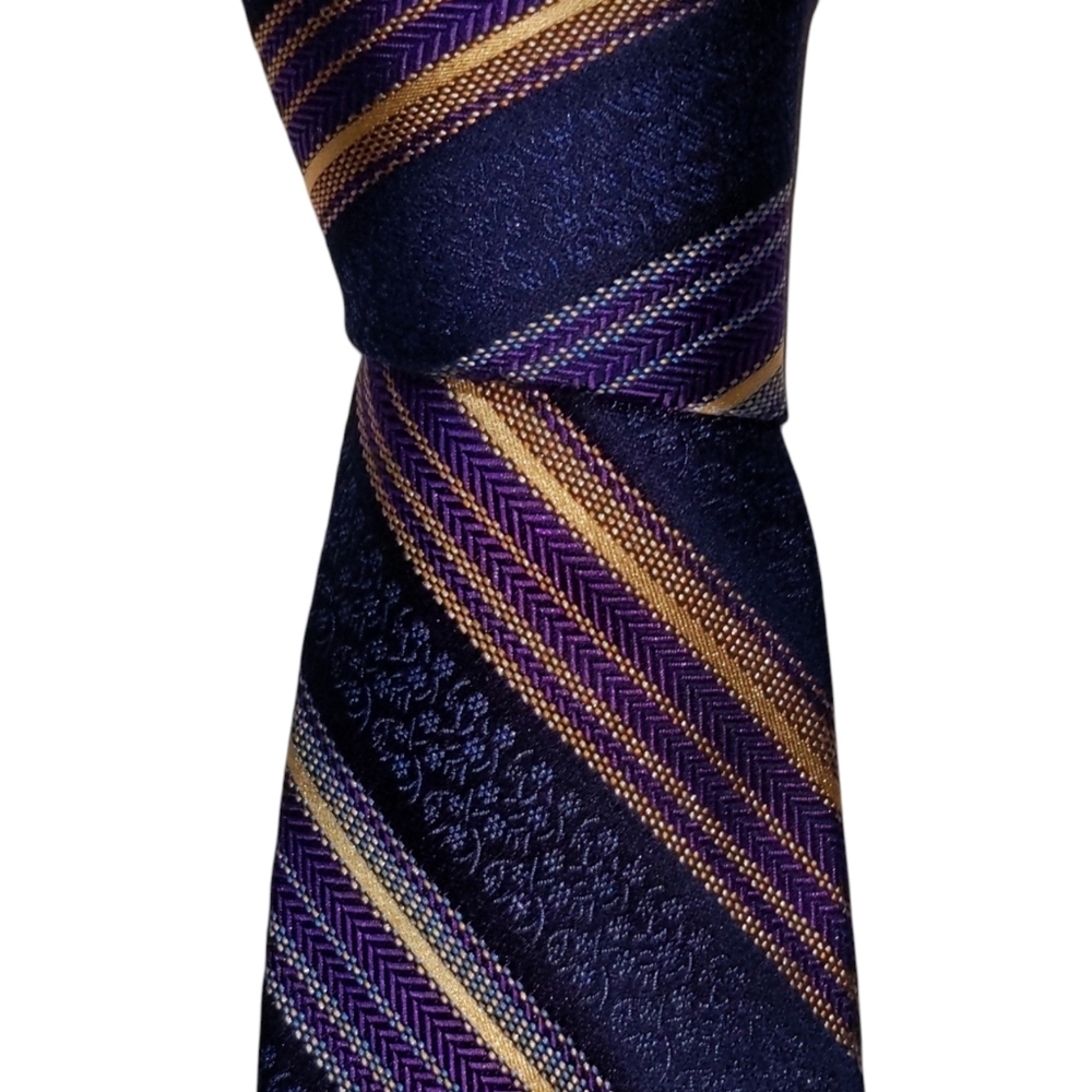 XMI Platinum Silk Necktie Men's Navy Blue Purple Striped Designer Tie EUC